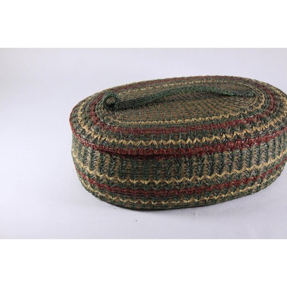 Vintage woven pine needle basket, natural fibre arts sewing basket, lidded - Picture 2 of 10